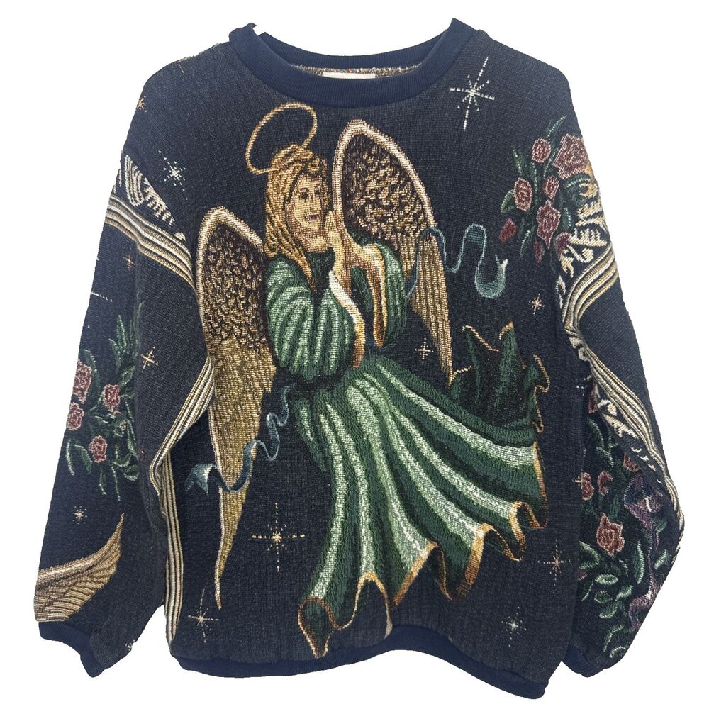 Vintage 90s Sugar Street Weavers Angel Tapestry Sweater Navy One Size USA Made